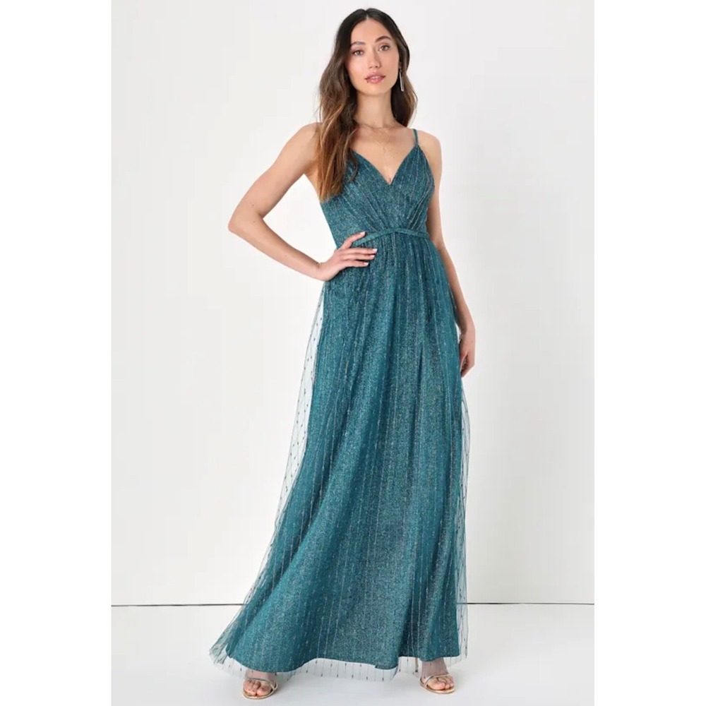 Lulus Sensationally Sparkly Dark Teal Green Lurex Maxi Dress Women's S mermaid